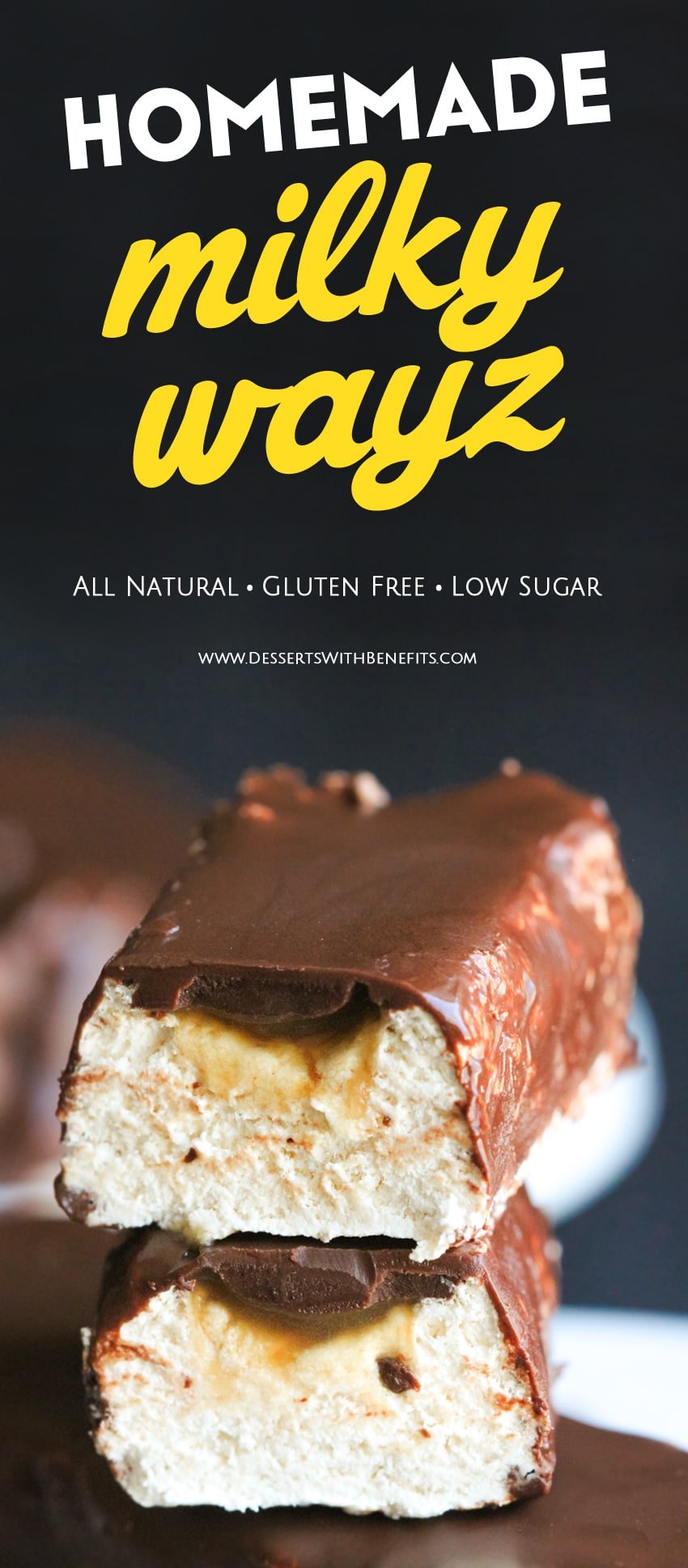 Homemade Milky Wayz! What's your vice? Snickers, Peanut Butter Cups, Peppermint Patties? We all know candy is bad for us (high-fructose corn syrup, trans fats, artificial ingredients), so I made these Healthy Homemade Milky Wayz Candy Bars! Made all natural, refined sugar free, and gluten free, you can indulge guilt-free! Healthy Dessert Recipes at the Desserts With Benefits Blog (www.DessertsWithBenefits.com)