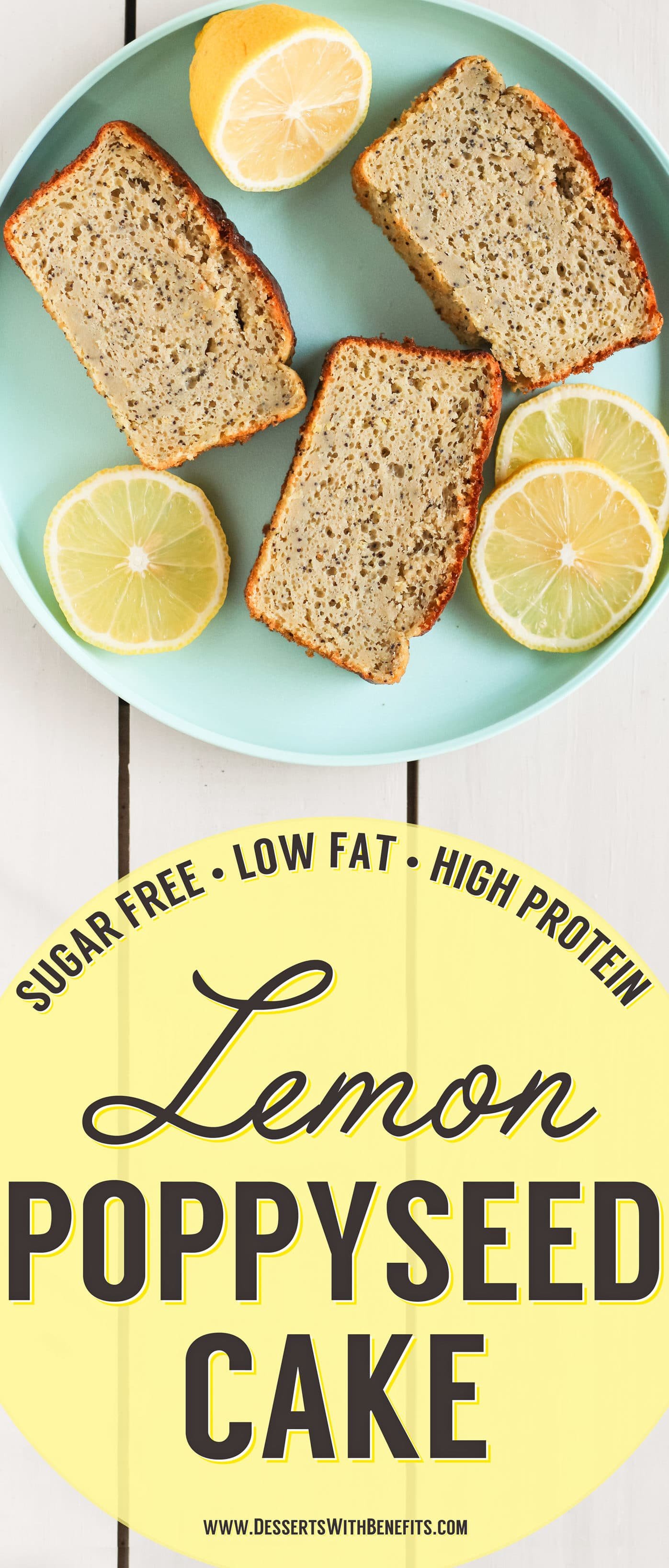 This Healthy Lemon Poppyseed Cake doesn't taste healthy in the slightest! It's sweet, it's moist, it's springy and fluffy -- everything a cake should be. The only difference is that this recipe is sugar free, low fat, high protein, and 100% whole grain! Healthy Dessert Recipes with sugar free, low calorie, low fat, low carb, high protein, gluten free, dairy free, vegan, and raw options at the Desserts With Benefits Blog (www.DessertsWithBenefits.com)