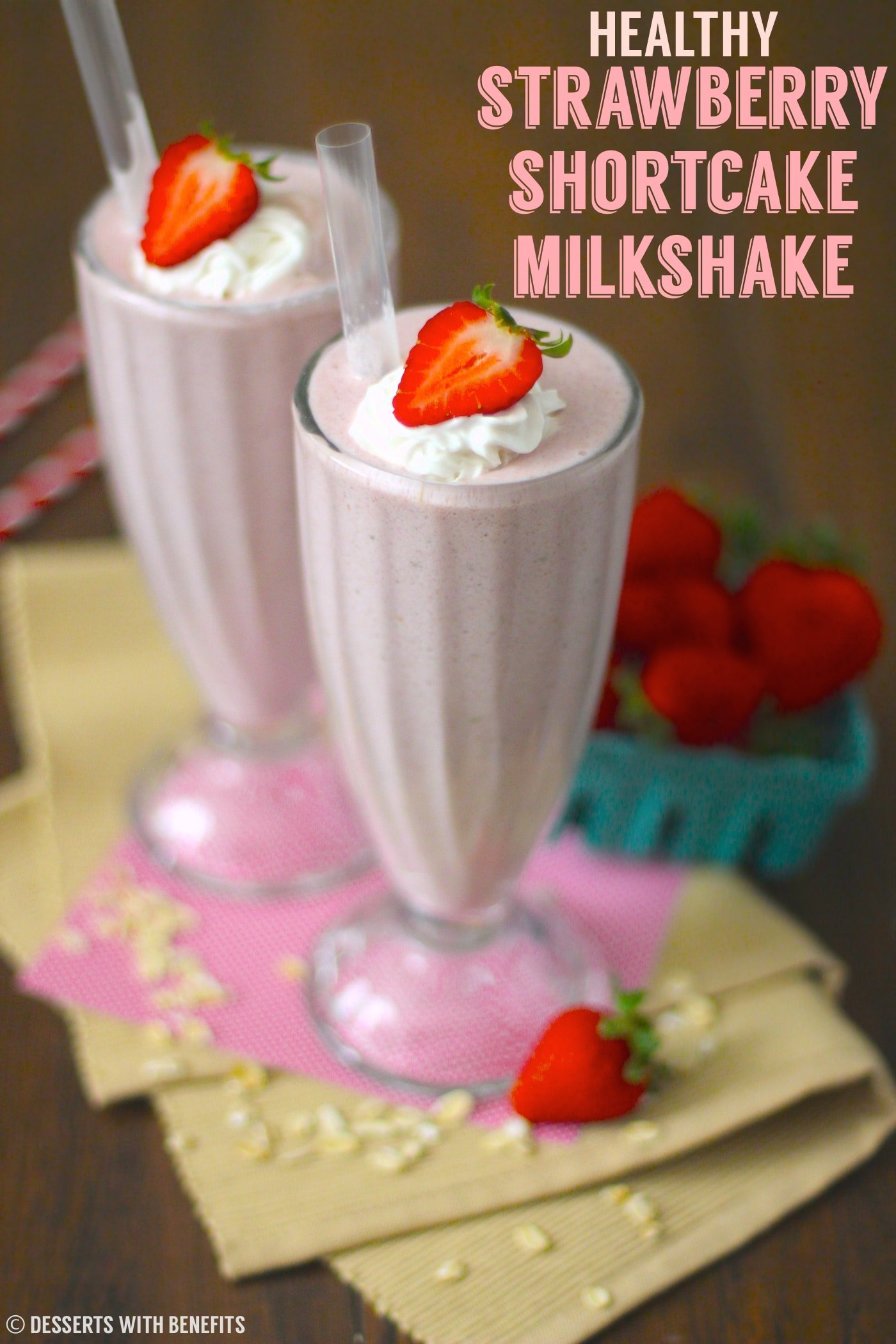 This Healthy Strawberry Shortcake Milkshake is so sweet and creamy, you'd never know it's refined sugar free, low fat, low calorie, and high protein!
