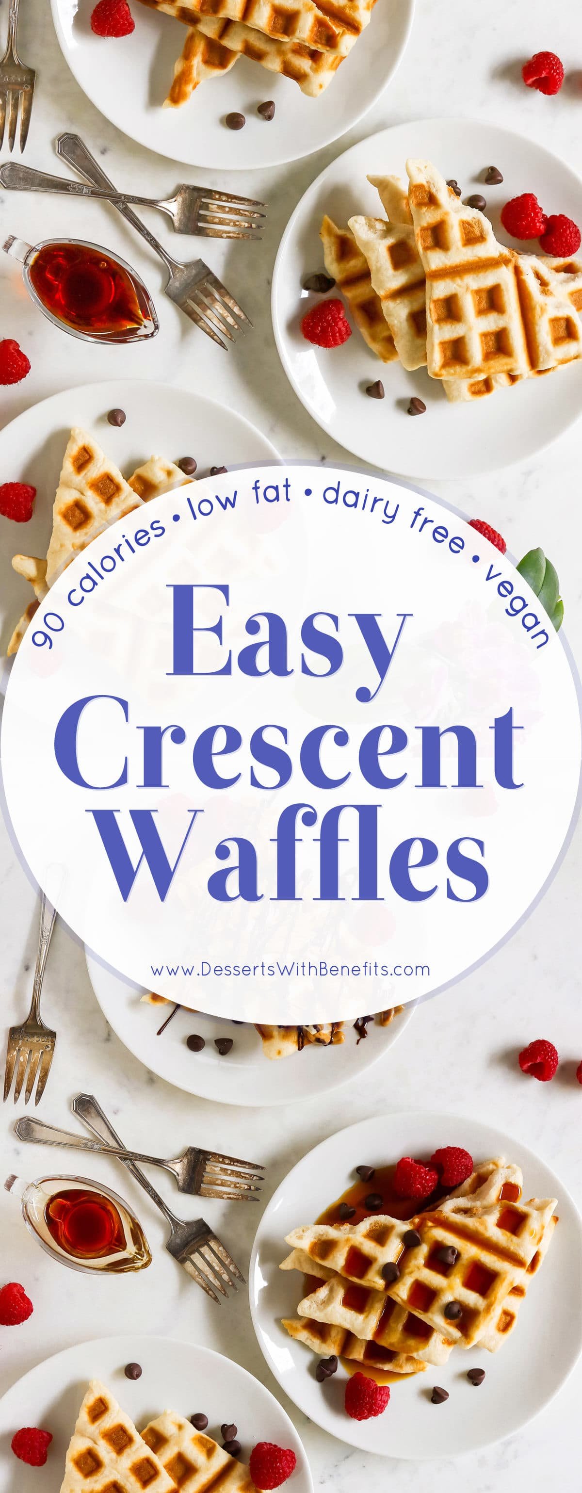 Short on time or don't feel like whipping up waffles from scratch? Take a shortcut and make these SUPER easy Crescent Waffles! Low sugar, low fat, dairy free, and vegan, with just 90 calories each. Like your favorite crescent roll in the form of a waffle -- crispy on the outside, soft and fluffy on the inside! Healthy dessert recipes at the Desserts With Benefits Blog (www.DessertsWithBenefits.com)