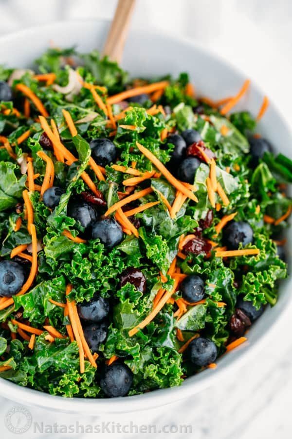 This kale salad is a make-ahead GREEN salad and is just as good the next day (perfect for parties!). So healthy and delicious. You'll make this kale salad again and again!