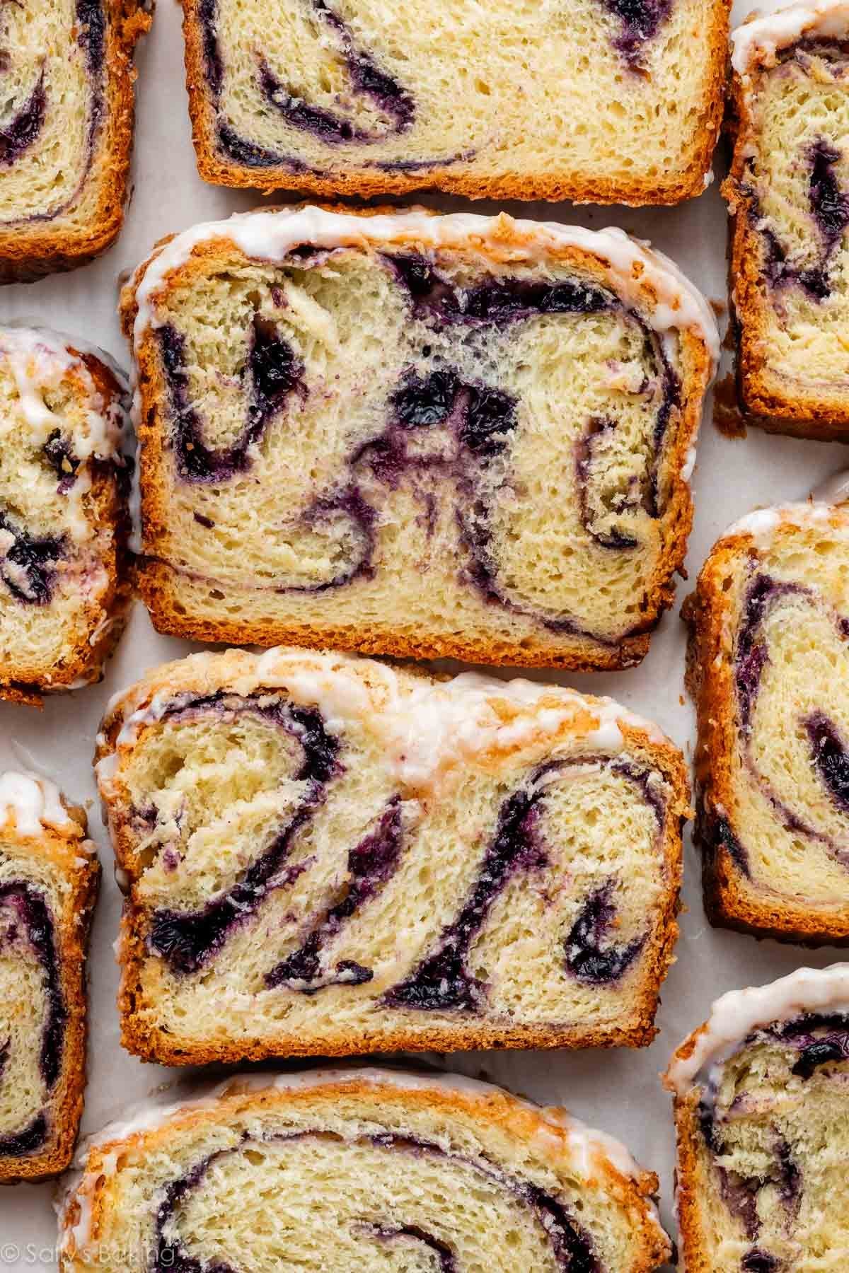 slices of lemon blueberry babka with icing.