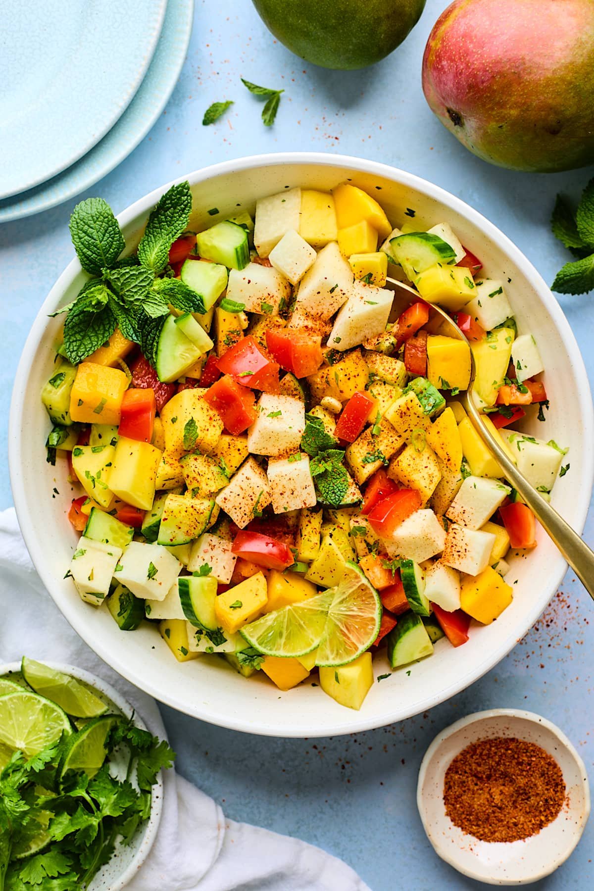 mango salad with jicama, cucumber, red pepper, green onion, mint, cilantro, and Tajin in serving bowl with spoon.