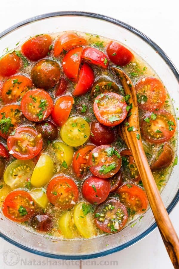 Marinated cherry tomatoes recipe with fresh cherry tomatoes and Italian dressing to make Italian marinated tomatoes. 