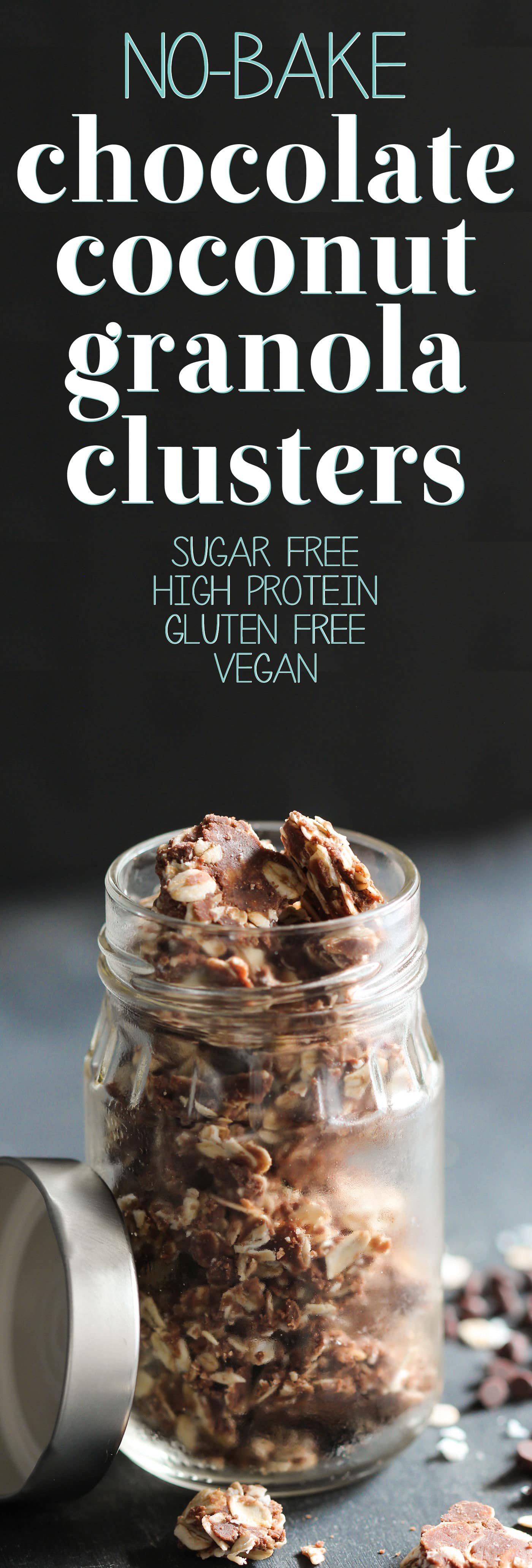 Healthy Chocolate Coconut Granola Clusters: bite-sized flavor bombs that won't crumble everywhere like regular granola. Enjoy granola MESS FREE! This easy recipe is no-bake, sugar free, high protein, gluten free, dairy free, and vegan. With less calories and more protein and fiber than storebought granola. Healthy Dessert Recipes at the Desserts With Benefits Blog (www.DessertsWithBenefits.com)