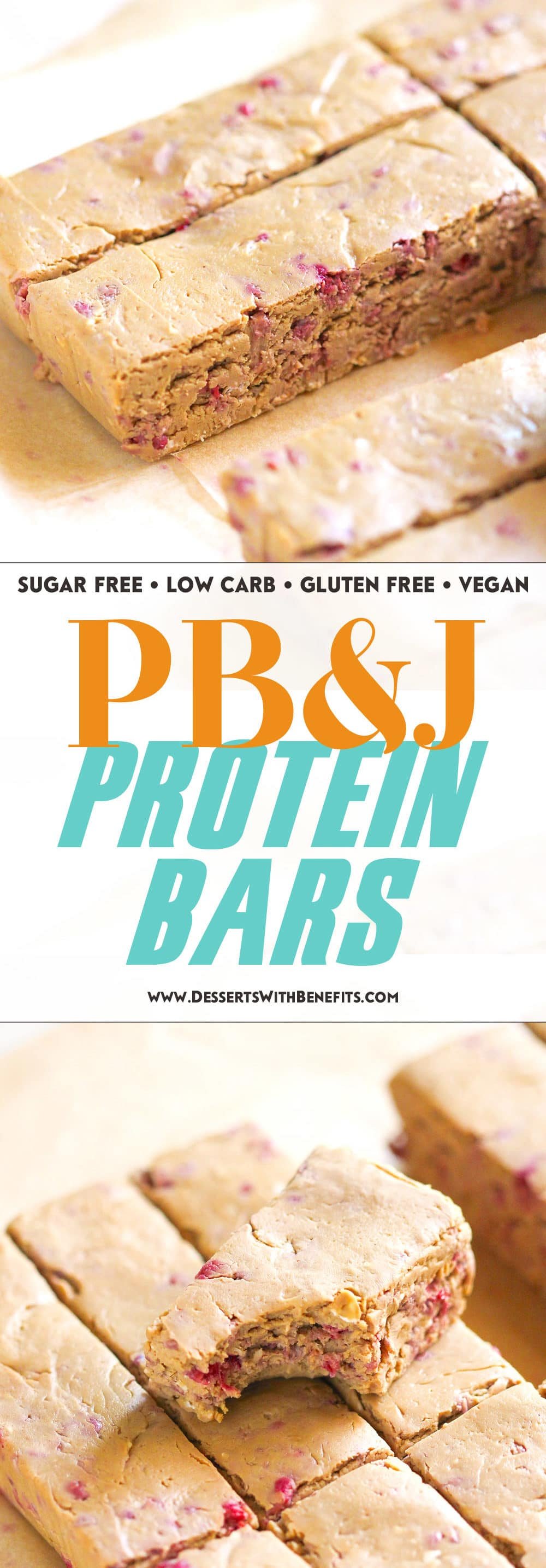 These easy, no-bake Healthy Peanut Butter & Jelly DIY Protein Bars are not only fudgy, sweet, and delicious, but sugar free, gluten free, and vegan too! Healthy Dessert Recipes with sugar free, low calorie, low fat, low carb, high protein, gluten free, dairy free, vegan, and raw options at the Desserts With Benefits Blog (www.DessertsWithBenefits.com)