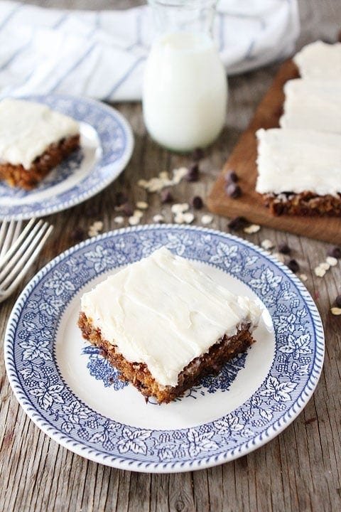 Chocolate Chip Oatmeal Cake Recipe Chocolate Chip Oatmeal Cake with Cream Cheese Frosting Recipe on twopeasandtheirpod.com