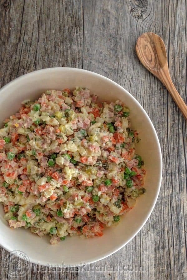 A bowl of olivye- Ukrainian potato salad 