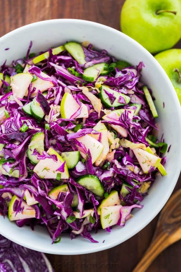 Red Cabbage Salad with Apples and Cucumber with Sauerkraut