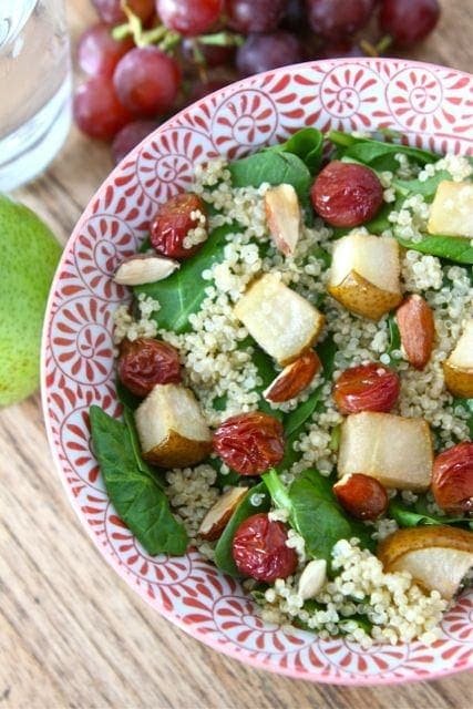 spinach-quinoa-salad-with-roasted-grapes-pears-and-almonds