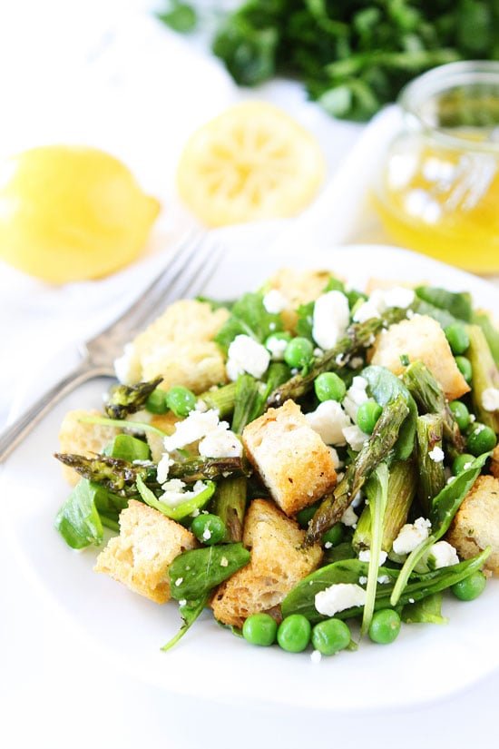 Spring Panzanella Salad Recipe on twopeasandtheirpod.com This panzanella salad is loaded with spring vegetables and goes great with any meal! Spring Panzanella Salad Recipe
