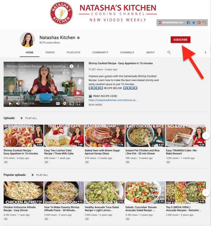 Natasha\'s Kitchen Youtube Channel screenshot with an arrow pointed at the Subscribe button. 