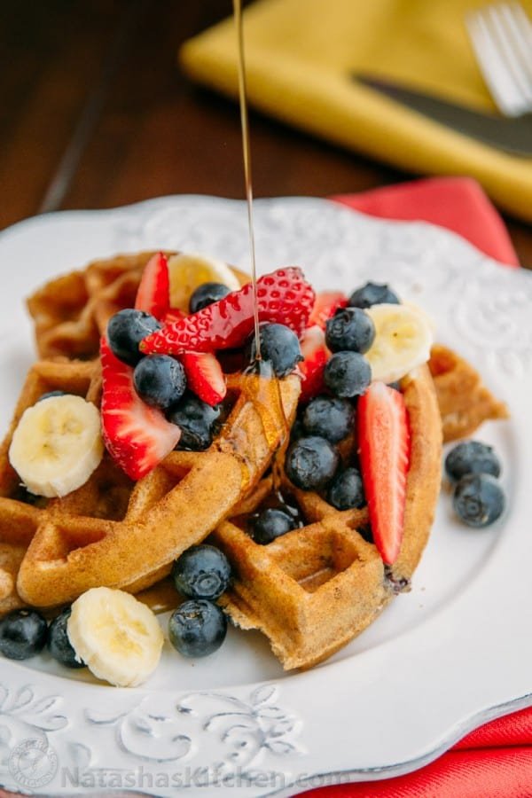 These whole wheat and blueberry waffles are really really good! We love them with real maple syrup and raspberry sauce and pile on all kinds of fresh fruit.