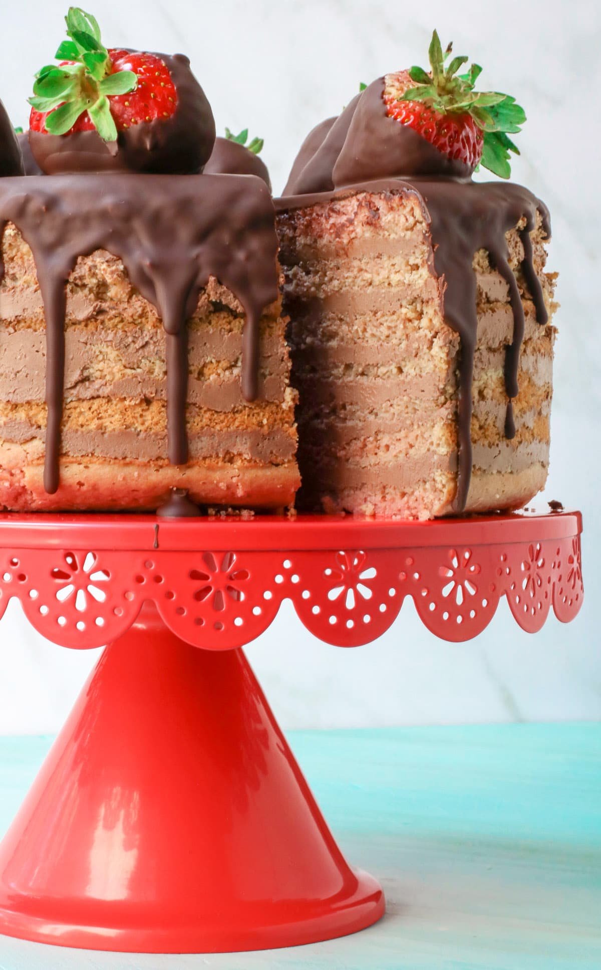 Seven-Layer Chocolate-Covered Strawberry Cake (sugar free, gluten free)