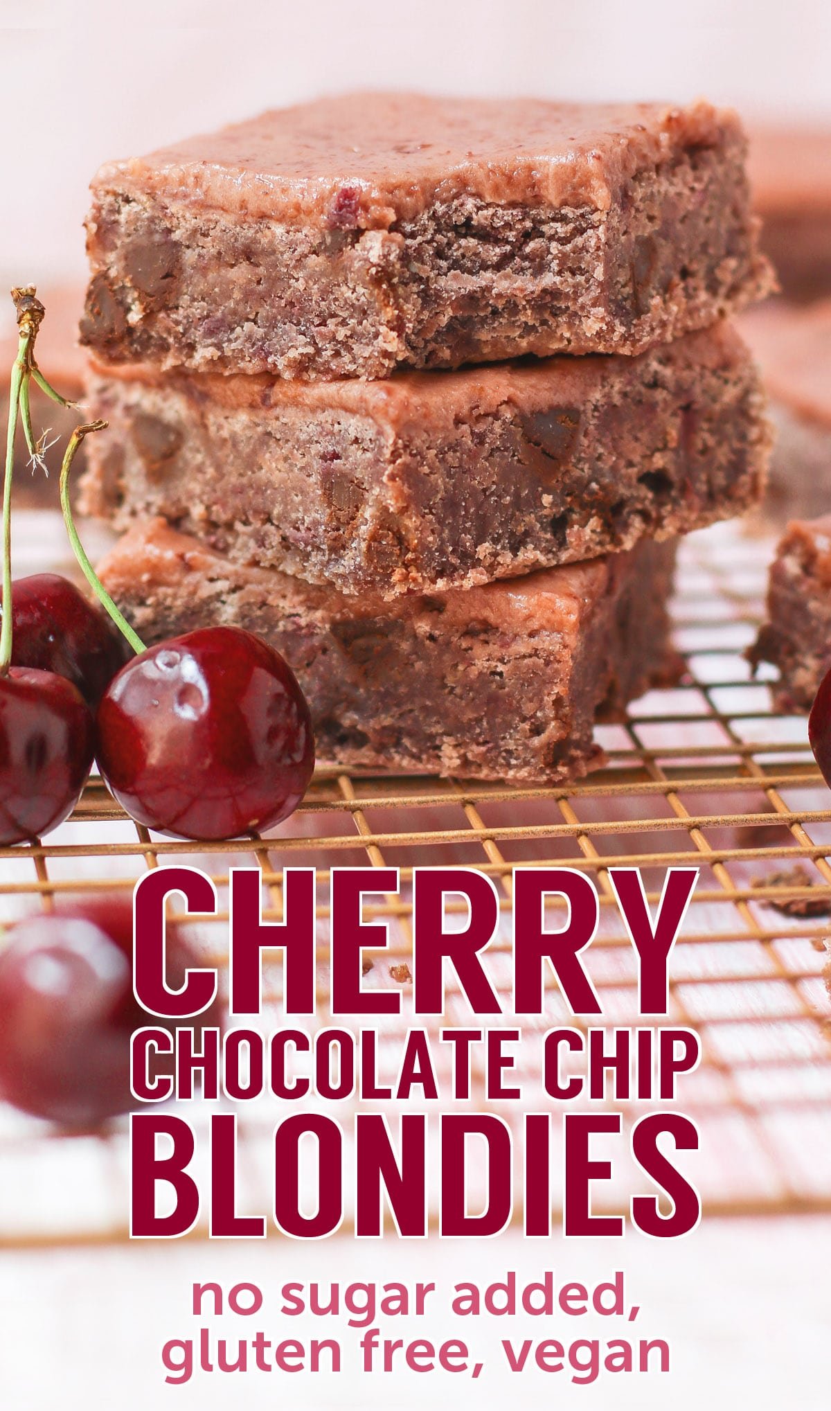 These healthy Cherry Chocolate Chip Blondies are dense, fudgy, and packed with chocolate chips! You'd never know they're made without any added sugar, butter, or flour! Oh yes, these are sugar free, gluten free, dairy free, and vegan.