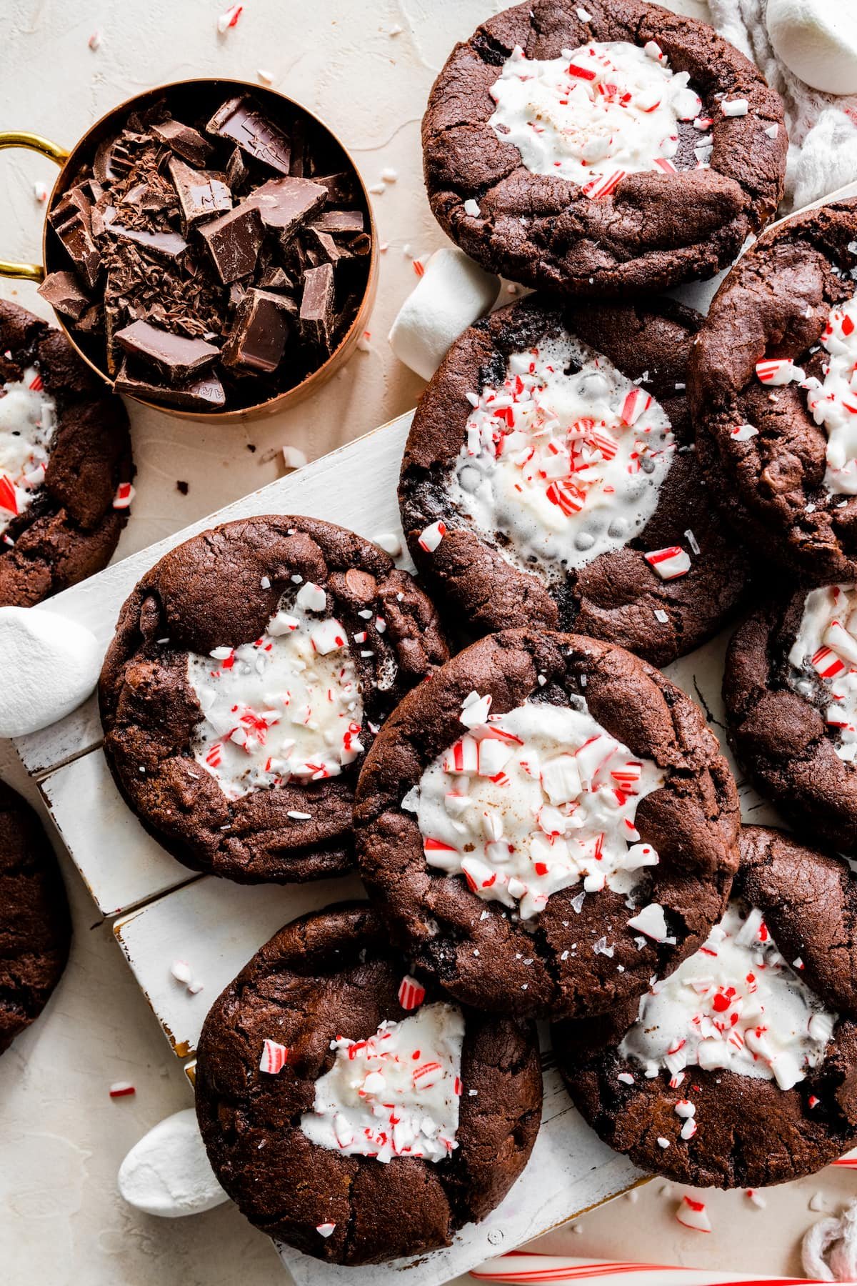 peppermint mocha marshmallow cookies with chocolate chunks and peppermint candy.
