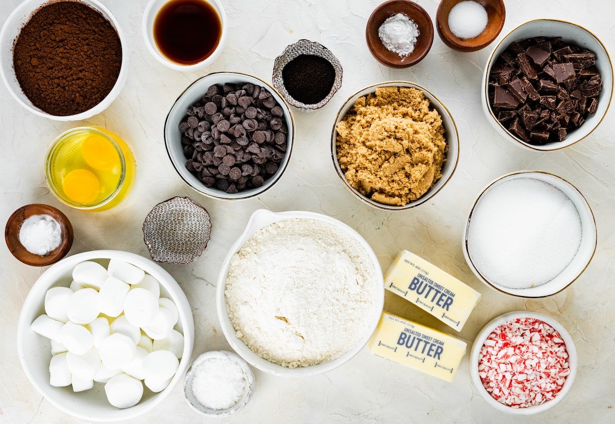 ingredients in bowls to make peppermint mocha marshmallow cookies.