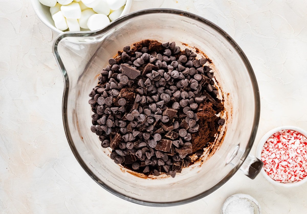 peppermint mocha cookie dough in mixing bowl with chocolate chips.