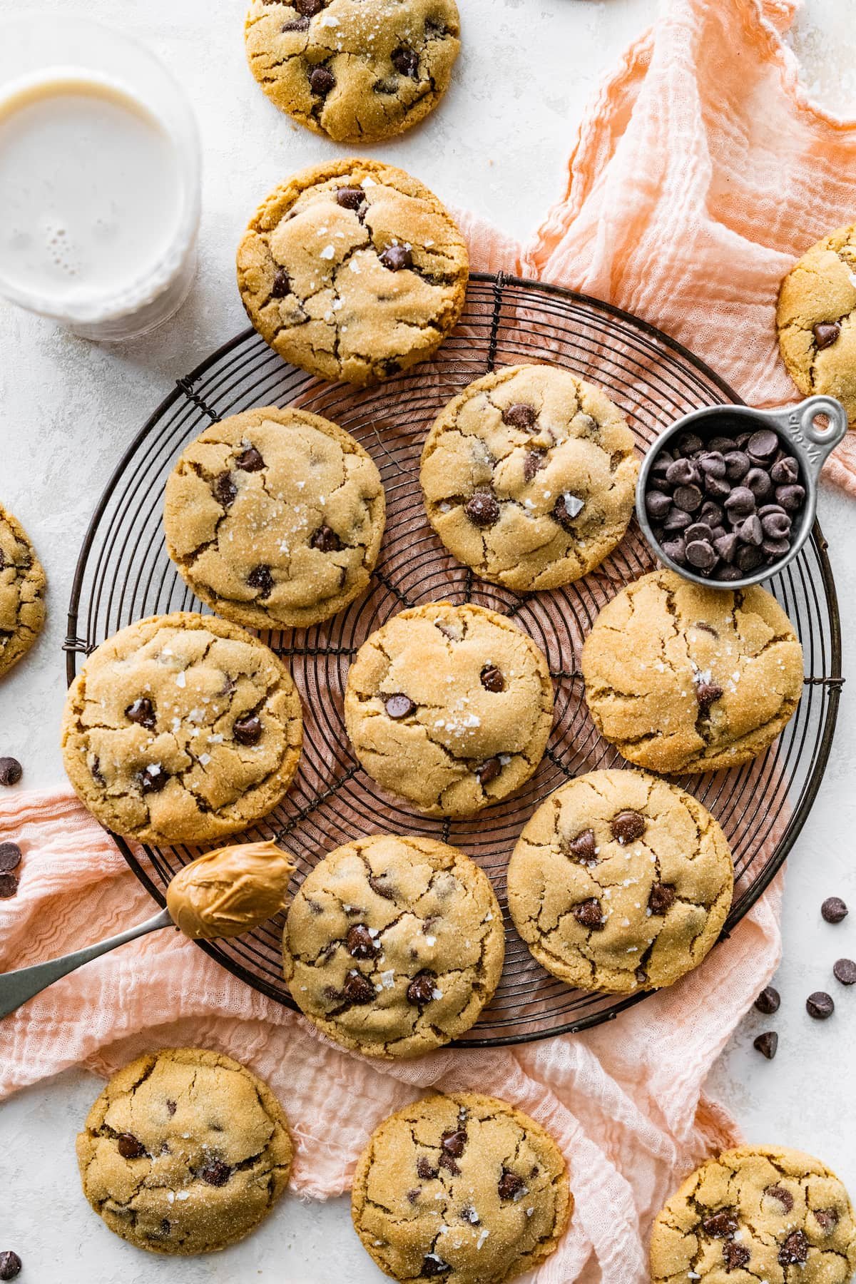peanut butter chocolate chip cookies on cooling rack with a spoon with peanut butter and chocolate chips in measuring cup.