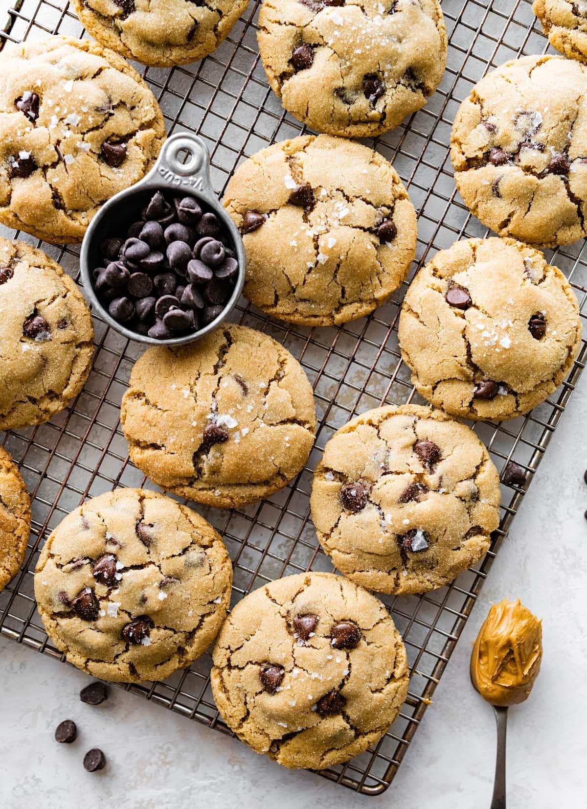 peanut butter chocolate chip cookies on cooling rack.