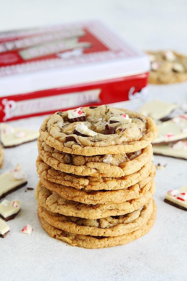 Peppermint Bark Chocolate Chip Cookies-Chocolate Chip Cookies With Chopped Up Peppermint Bark, Chocolate Chips, And A Sprinkling Of Flaked Sea Salt. These Are The Perfect Chocolate Chip Cookies For The Holidays. #chocolatechipcookies #cookies #chocolatechip #peppermintbark #Christmas #holidays #Christmascookies #baking #dessert Peppermint Bark Chocolate Chip Cookie Recipe