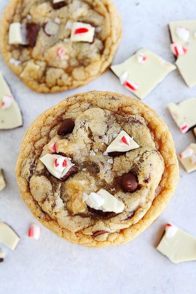 Peppermint Bark Chocolate Chip Cookies-Chocolate Chip Cookies With Chopped Up Peppermint Bark, Chocolate Chips, And A Sprinkling Of Flaked Sea Salt. These Are The Perfect Chocolate Chip Cookies For The Holidays. #chocolatechipcookies #cookies #chocolatechip #peppermintbark #Christmas #holidays #Christmascookies #baking #dessert Peppermint Bark Chocolate Chip Cookies for Christmas