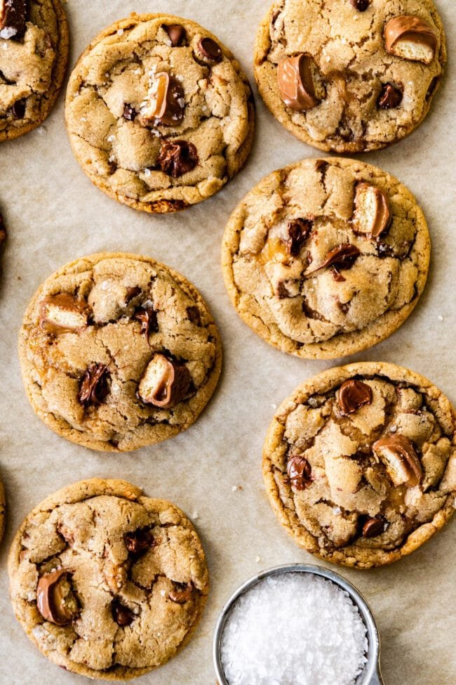 brown butter Twix cookies on baking sheet