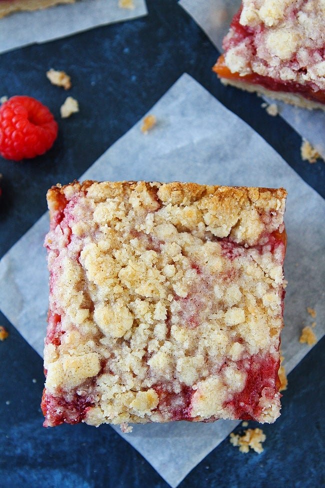 Peach Raspberry Bars with a crumb topping