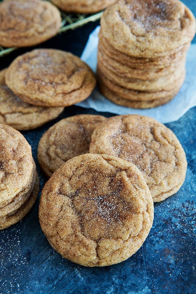 Pumpkin Snickerdoodles topped with cinnamon and sugar. 