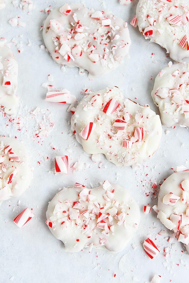 3-Ingredient White Chocolate Peppermint Pretzels