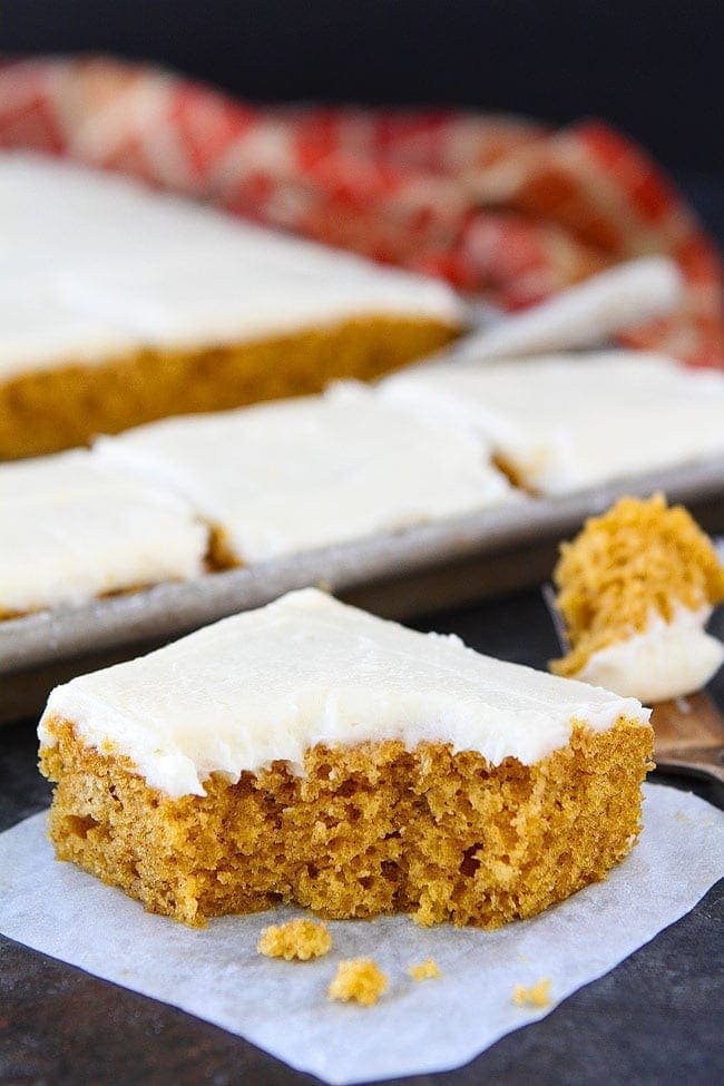 Pumpkin Sheet Cake with Brown Butter Cream Cheese Frosting is the perfect dessert for fall. Everyone loves this easy sheet cake recipe!