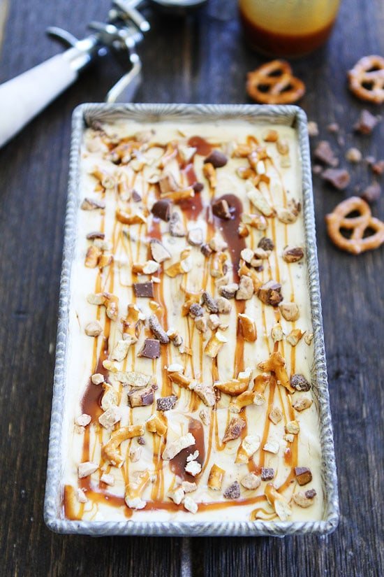 No Churn Salted Caramel Toffee Pretzel Ice Cream