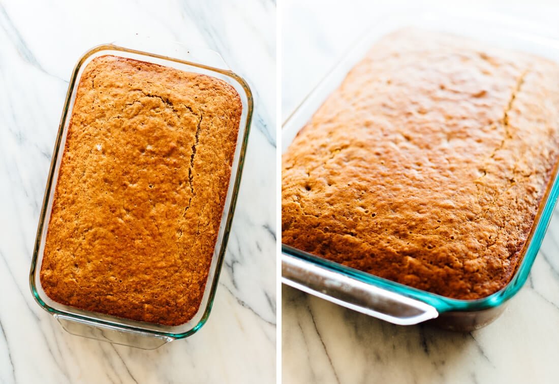 large banana cake baked in 13x9