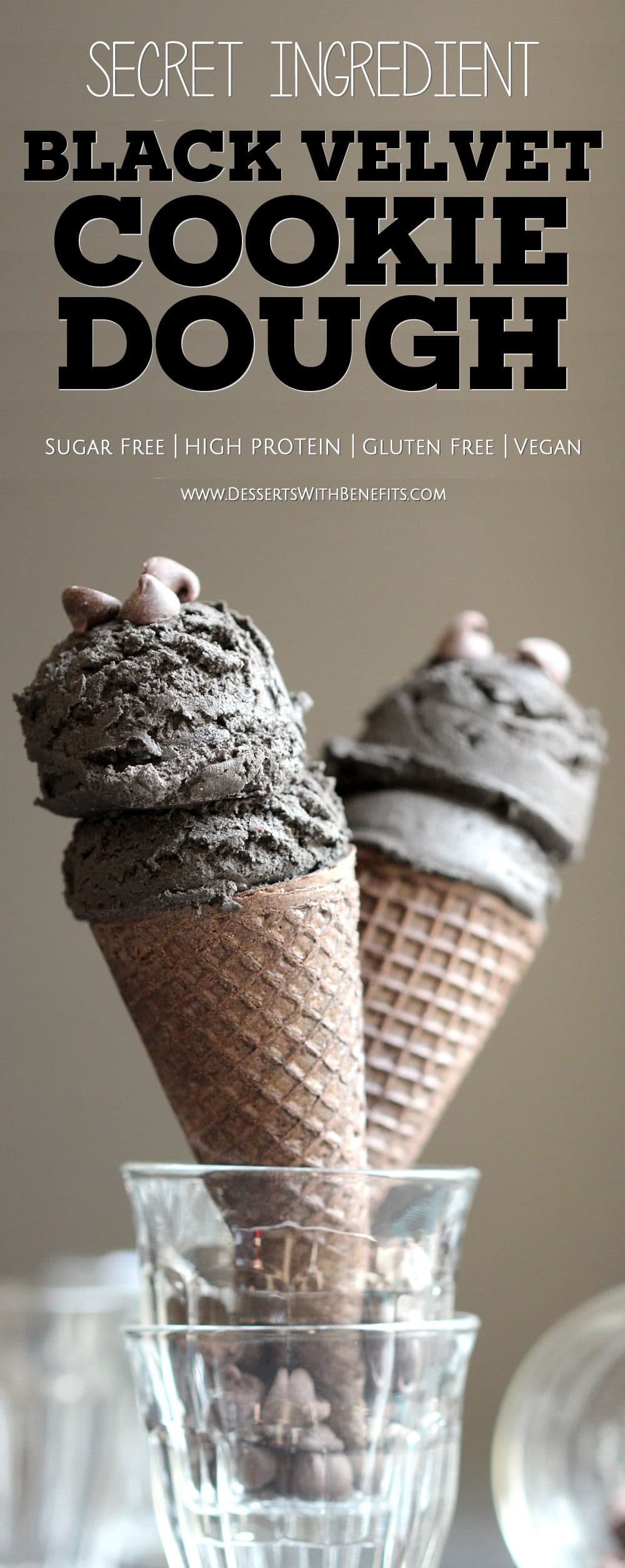 Black Velvet is just like red velvet, only jet-black. This sweet, rich, addictive, and chocolatey, secret ingredient Healthy Black Velvet Cookie Dough is all natural, sugar free, high protein, gluten free, AND vegan, but you'd never know it. Oh, and it’s safe to eat raw! -- Healthy Dessert Recipes with sugar free, low calorie, low fat, high protein, gluten free, dairy free, vegan, and raw options at the Desserts With Benefits Blog (www.DessertsWithBenefits.com)