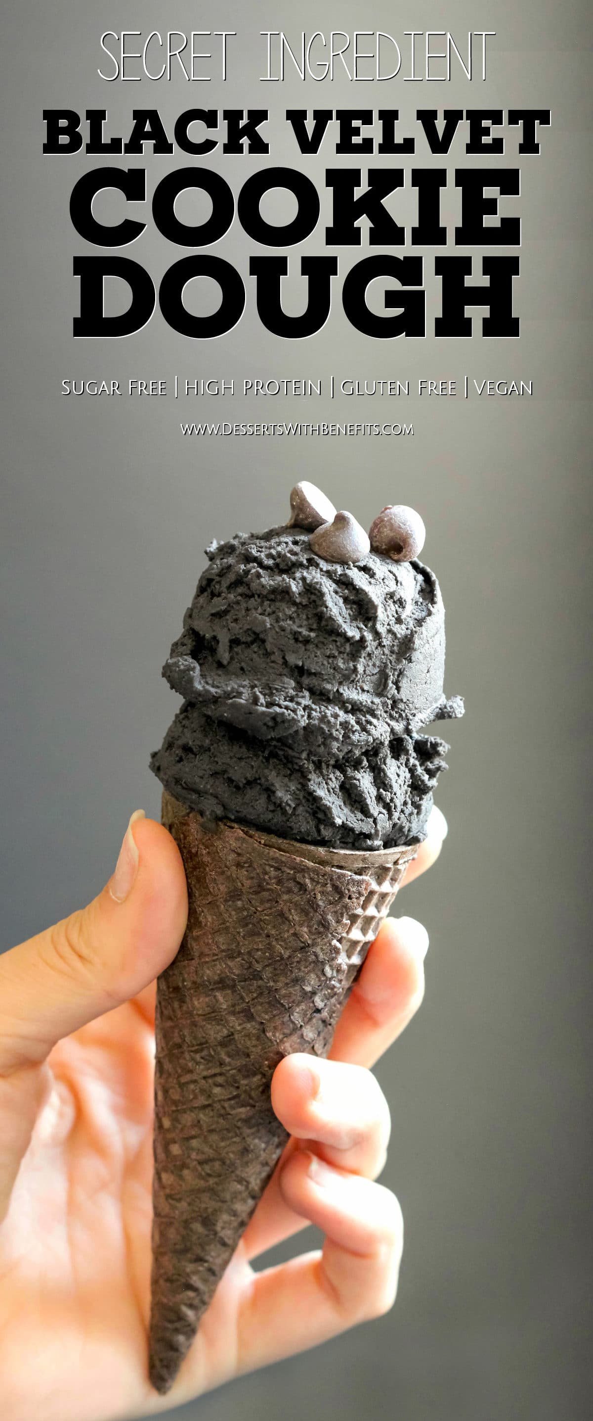 Black Velvet is just like red velvet, only jet-black. This sweet, rich, addictive, and chocolatey, secret ingredient Healthy Black Velvet Cookie Dough is all natural, sugar free, high protein, gluten free, AND vegan, but you'd never know it. Oh, and it’s safe to eat raw! -- Healthy Dessert Recipes with sugar free, low calorie, low fat, high protein, gluten free, dairy free, vegan, and raw options at the Desserts With Benefits Blog (www.DessertsWithBenefits.com)