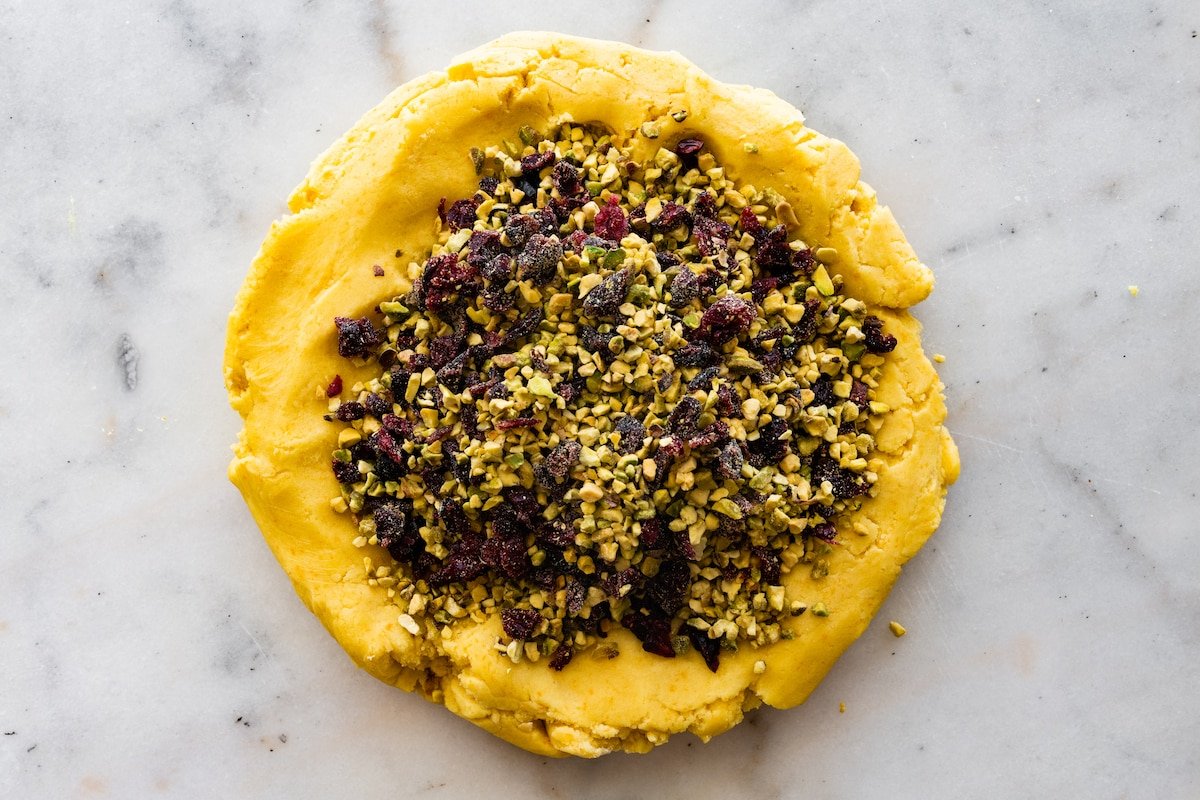 shortbread dough with cranberries and pistachios. 