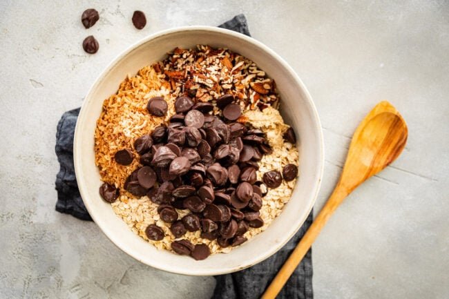 cowboy cookie ingredients in mixing bowl