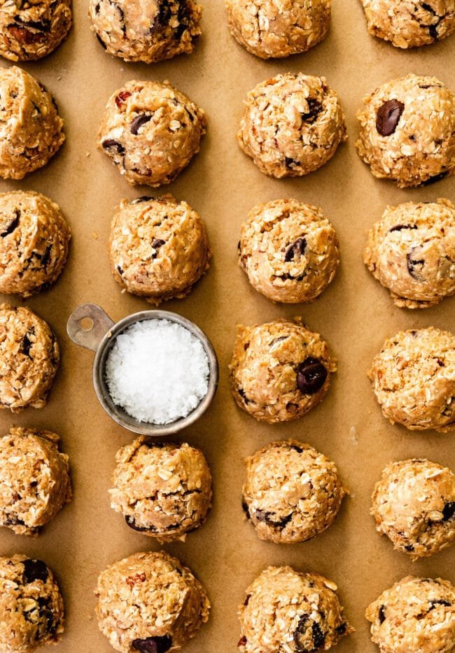 cowboy cookie dough balls on baking sheet