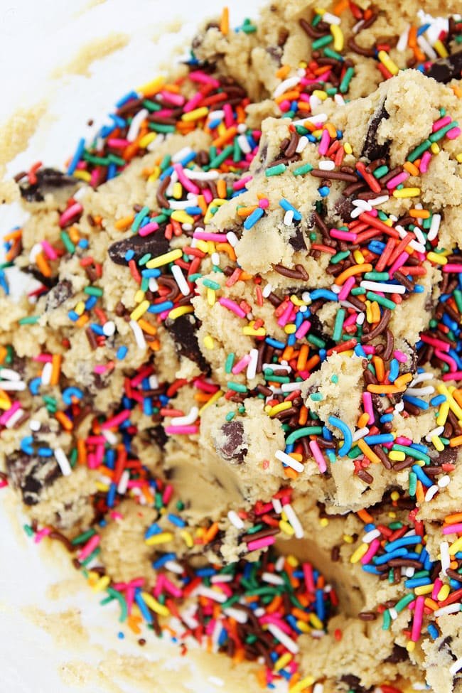 Sprinkle Chocolate Chip Cookies Recipe on twopeasandtheirpod.com Chocolate chip cookies covered in sprinkles. Sprinkle Chocolate Chip Cookie Dough