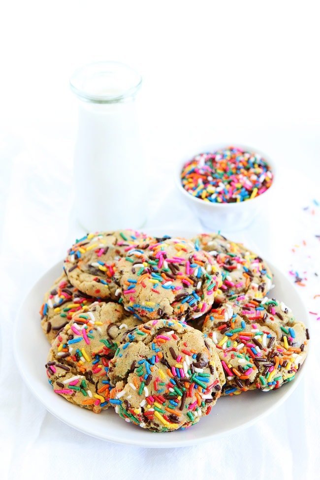 Sprinkle Chocolate Chip Cookies Recipe on twopeasandtheirpod.com Colorful sprinkles make these chocolate chip cookies extra special! They are fun to make and fun to eat! Sprinkle Chocolate Chip Cookies Recipe