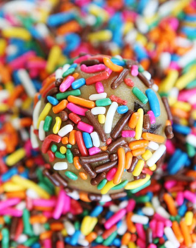 Sprinkle Chocolate Chip Cookies Recipe on twopeasandtheirpod.com Colorful sprinkles make these chocolate chip cookies extra special! Sprinkle Chocolate Chip Cookie Dough Ball
