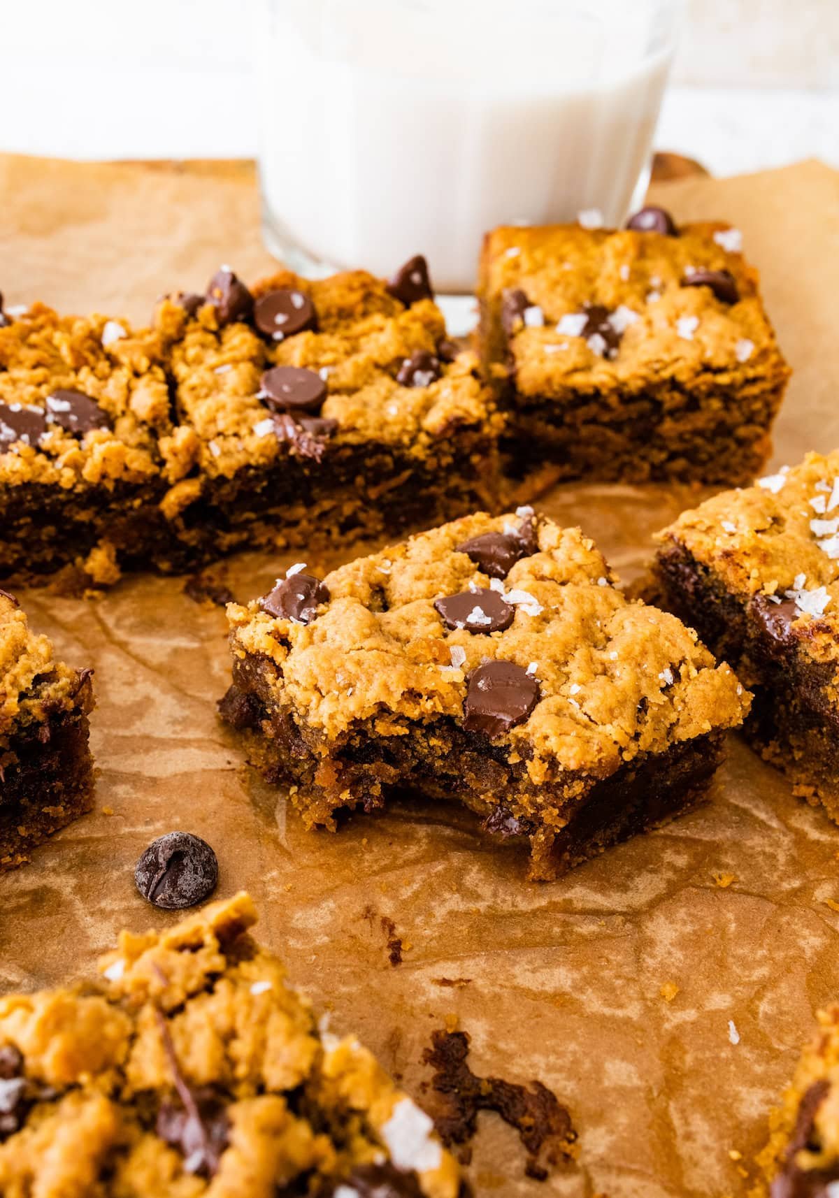 bite out of a flourless peanut butter blondie.