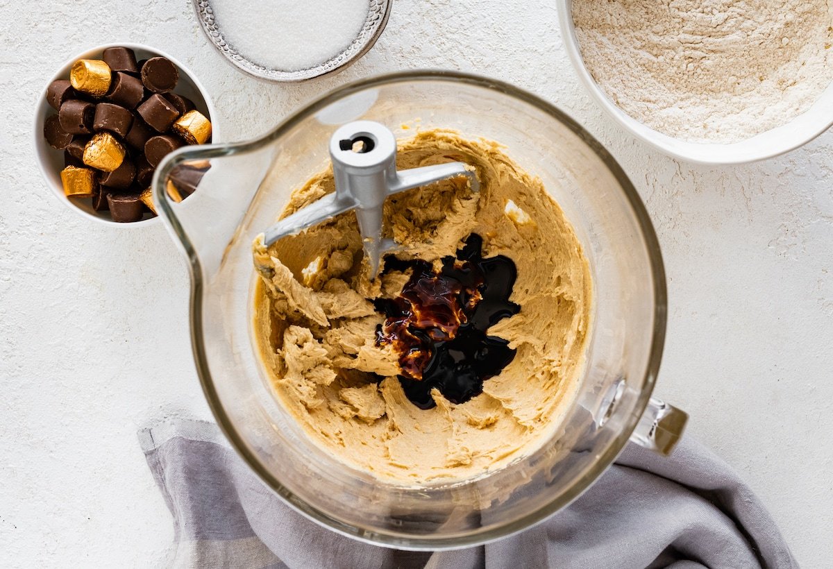 butter, sugars, eggs, and molasses in mixing bowl.