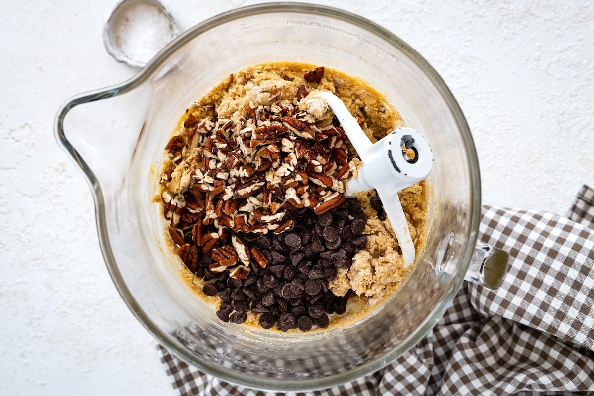 maple pecan chocolate chip cookie dough in mixing bowl with beat blade.