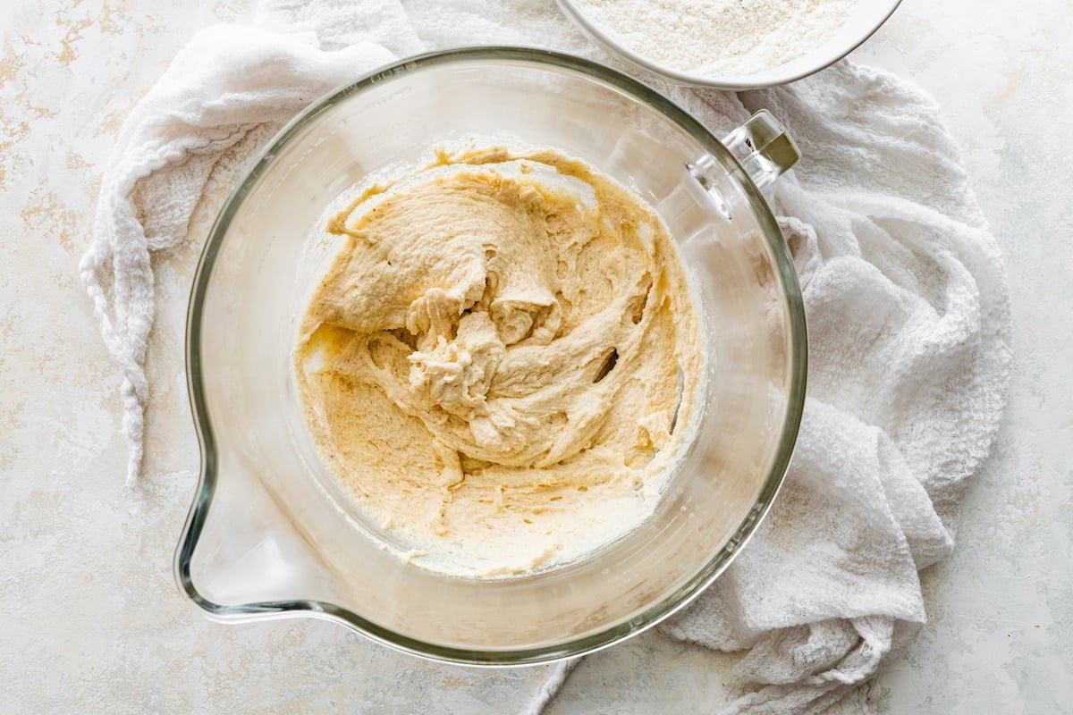 brown butter and sugars creamed together in mixing bowl.