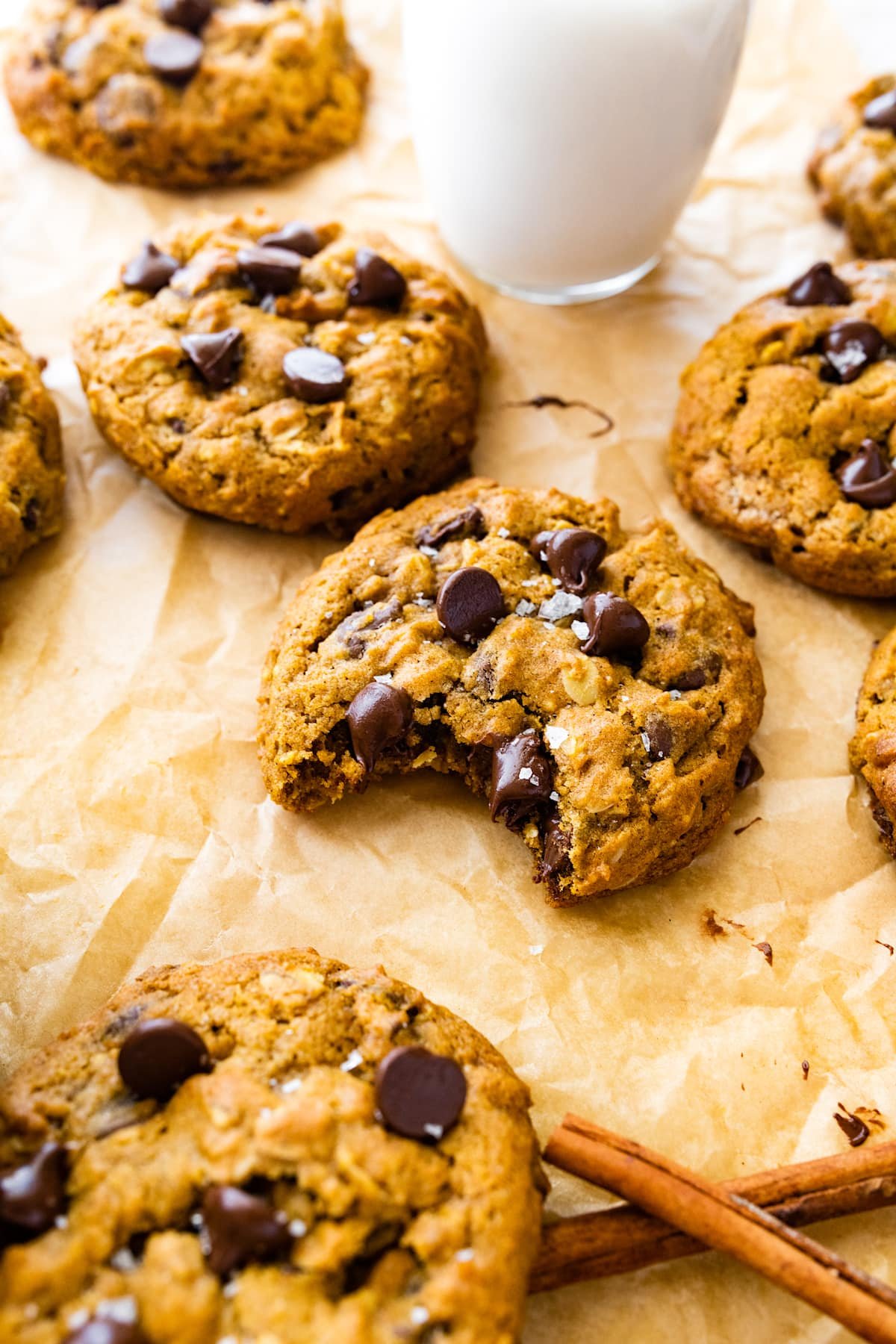 bite out of pumpkin oatmeal chocolate chip cookies.