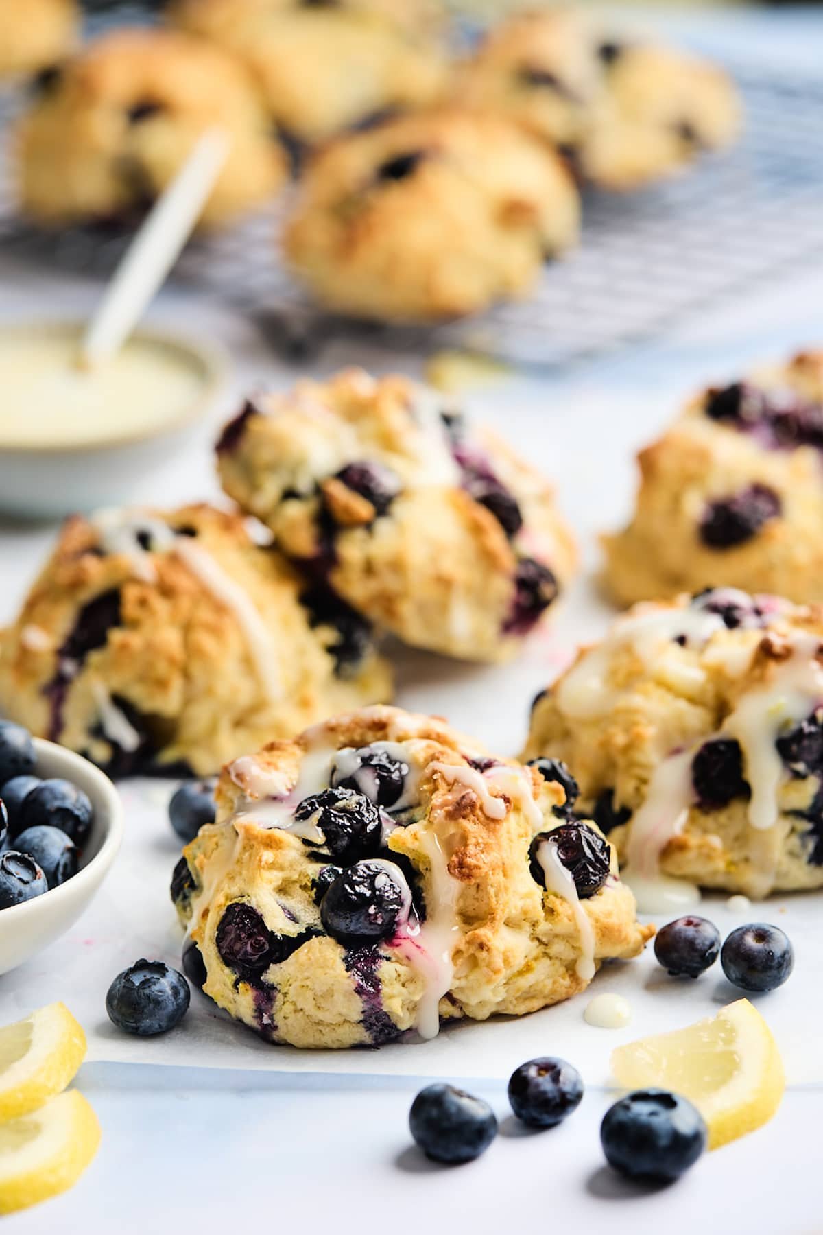 blueberry biscuits with lemon glaze.