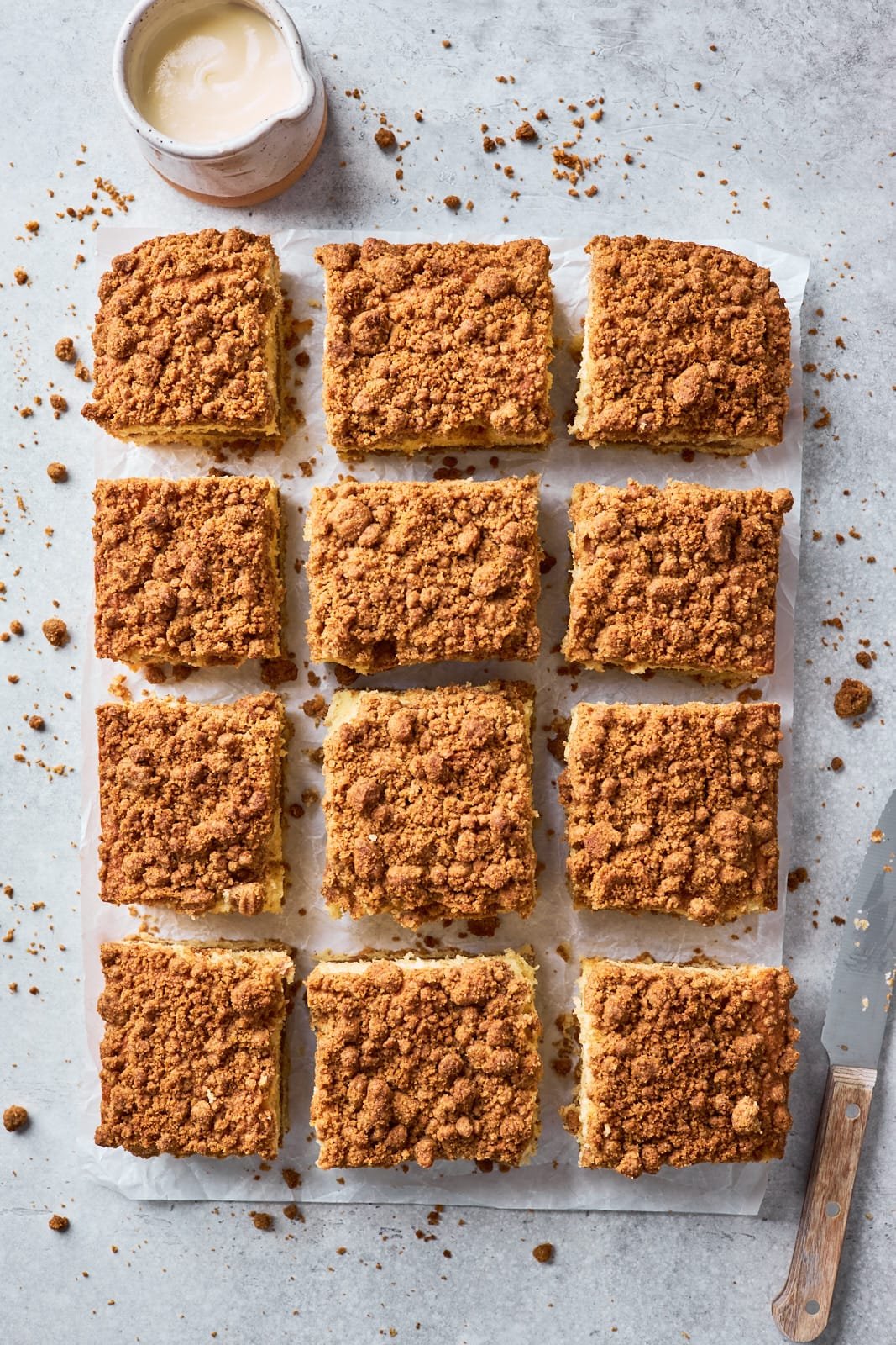 cinnamon coffee cake cut in squares.