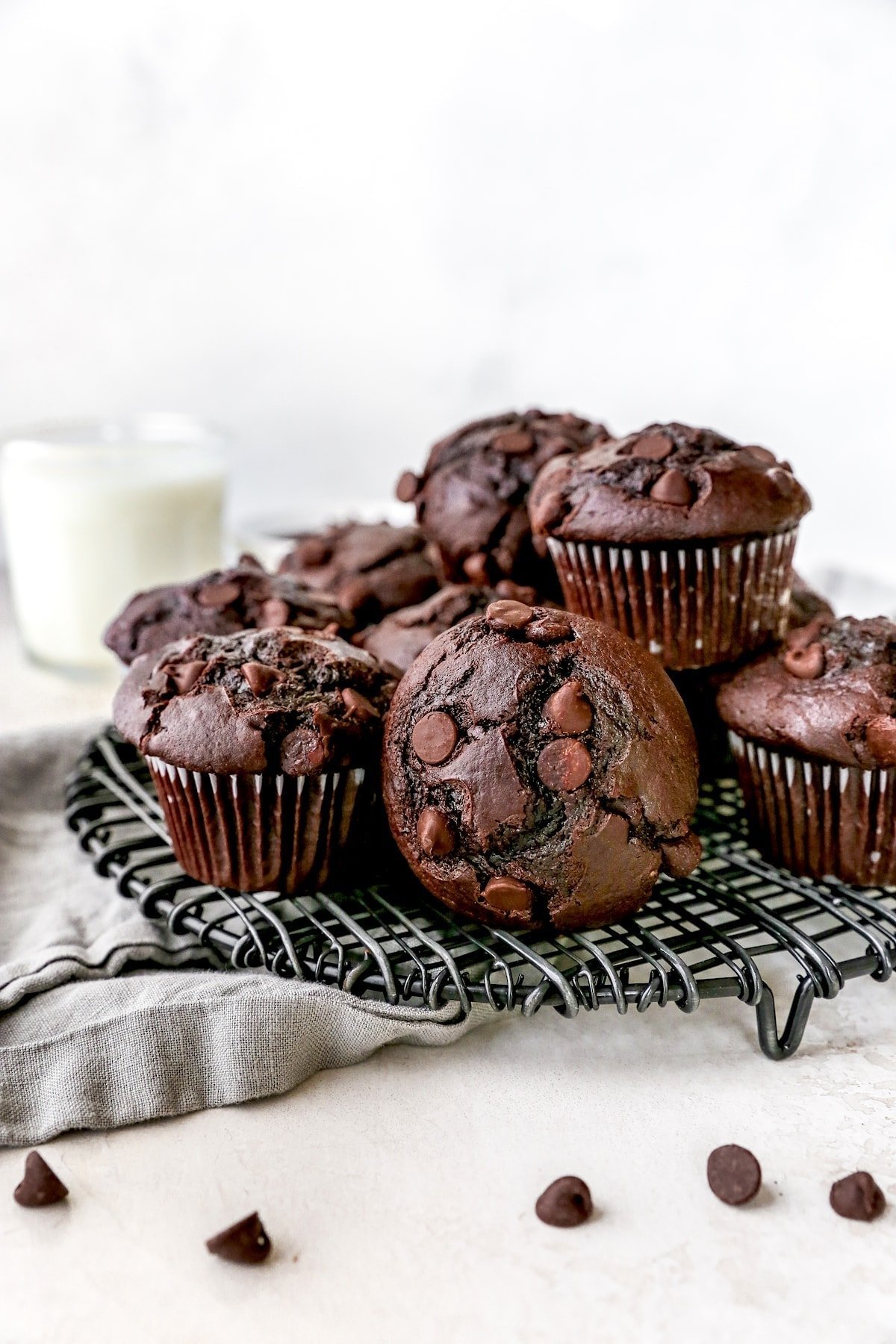 Double Chocolate Muffins on cooling rack.