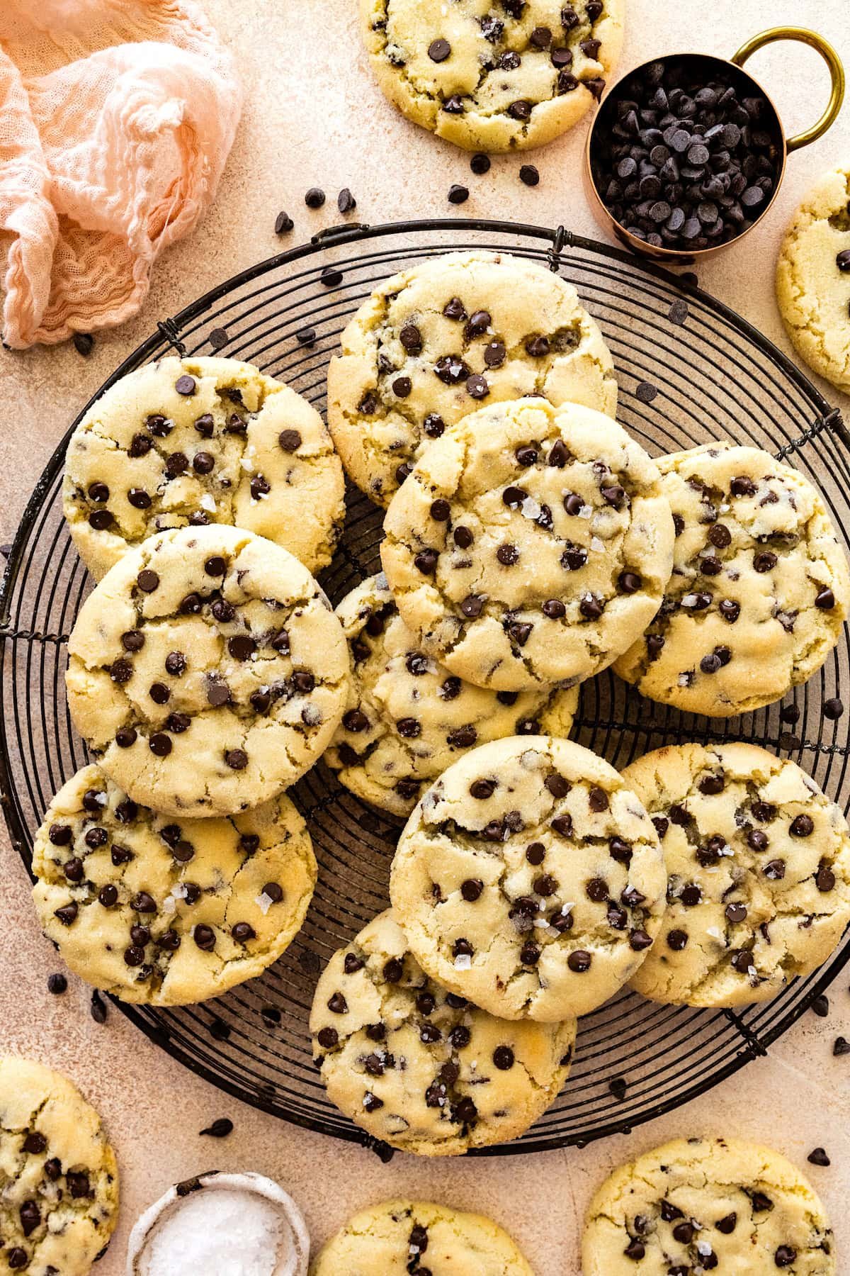 chocolate chip sugar cookies on cooling rack.